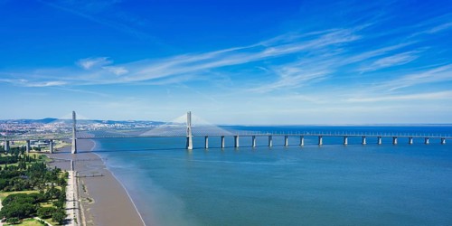 Aerial view of the Cable-stayed Vasco de Gama Bridge, Park of Nations, Lisbon, Portugal