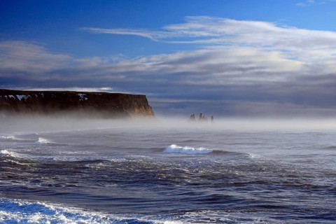 Europe, Iceland, coast in fog, atmosphere, rocks, pinnacles, Atlantic, volcanism, south coast,