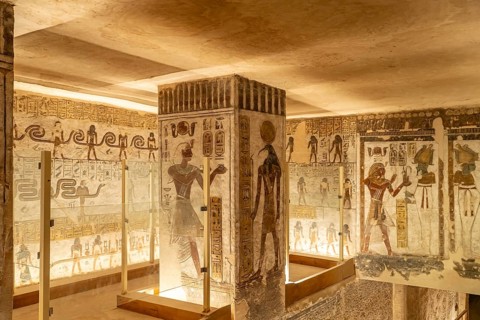 Reliefs in the ancient Egyptian tomb of Pharaoh Ramesses IV in the Valley of the Kings near Luxor,