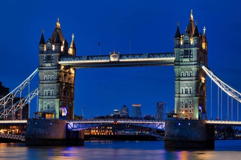 Night view, Thames, Tower Bridge, illuminated, behind Canary Wharf, blue hour, dusk, London,