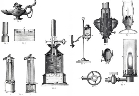 Lamps from different times, history, oil lamp, gas lamp, wick, bulb, light, fuel, glass, metal,
