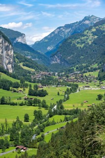 View of the picturesque valley of Lauterbrunnen with Staubbach Falls, mountain landscape, Bernese