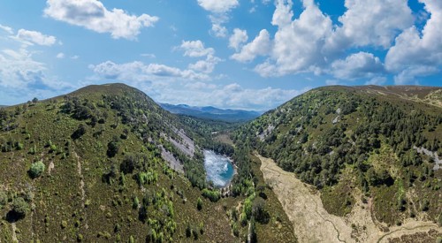 Panoramic aerial photo of the Glenmore Forest park, part of Cairn Gorms Nationalpark, Aviemore,