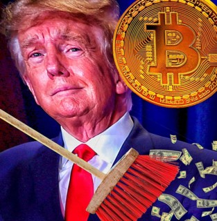Symbolic image, Trump as Bitcoin president, questionable speculative gains for himself, family,