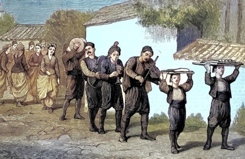 Traditional engagement procession in which musicians and bearers of gifts pass through a village