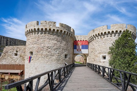 The iconic landmark Zindan Gate with the Serbian flag, part of the Belgrade Fortress and Kalemegdan