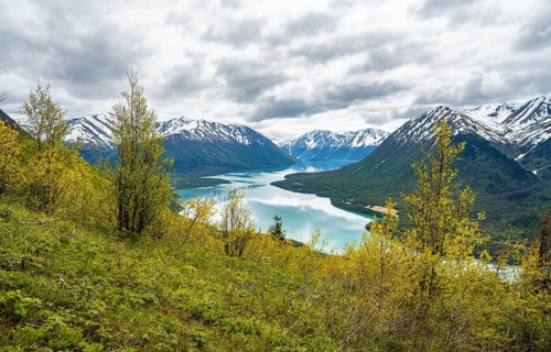 View of snowy mountains in spring and turquoise blue Kenai Lake, Slaughter Ridge Trail, Cooper