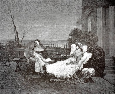 A young mother. Scene with a nun and a woman resting in a garden, recovery scene, convalescence. An