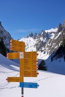 Sign post with many hiking destinations in the Alpstein, Säntis mountain range, Brülisau,