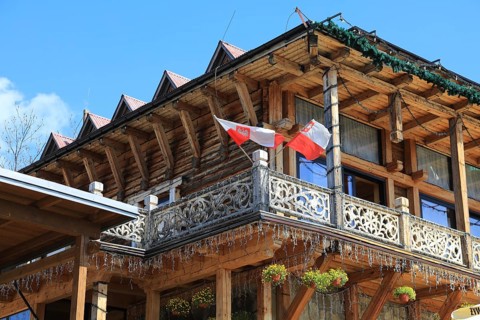 Gubalówka Restauracja on the summit of Mount Gubalowka in typical wooden architecture in Zakopane,