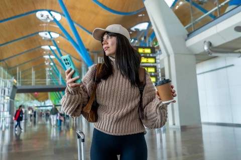 Young woman checking her smartphone and holding a coffee cup while walking through a contemporary