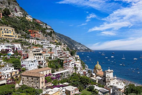 Scenic views of Positano Italian colorful architecture and landscapes on Amalfi Coast in Italy