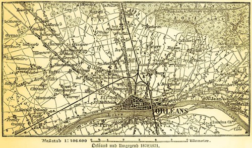 Plan of the city and surrounding area of Orleans on the Loire in 1870-71, France, roads, villages,