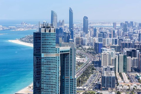 Abu Dhabi skyline from above with skyscrapers in Abu Dhabi, United Arab Emirates