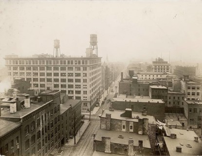 Chicago, USA, perfume manufactures, panorama, industry, view over a foggy city with water towers on