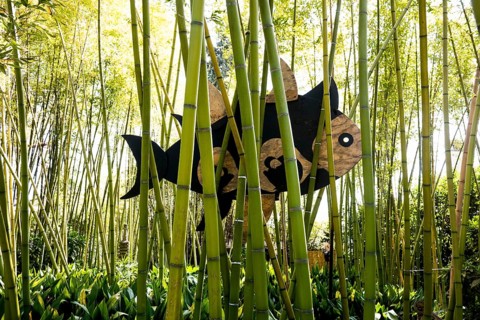 Botanical garden with sculptures in spring, bamboo forest, artist Francesco Levi, Light Garden,