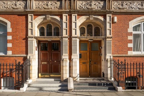 Elaborately designed house entrance, Victorian brick town house, Cadogan Gardens, Borough of