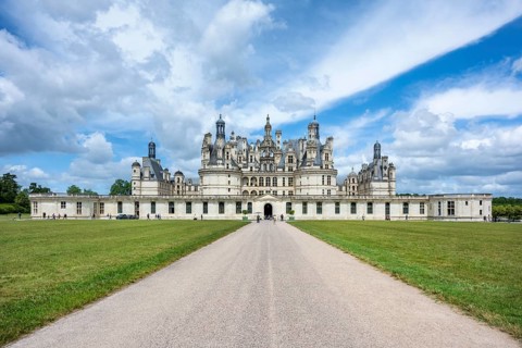 Southeast view of the monumental Renaissance Château de Chambord castle with its distinctive,