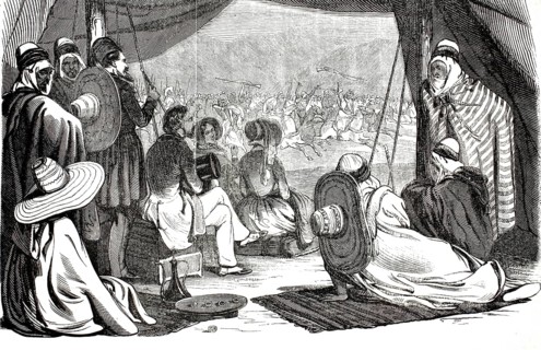 19th century illustration depicts the Moroccan Fantasia tradition known as Tbourida. Scene depicts
