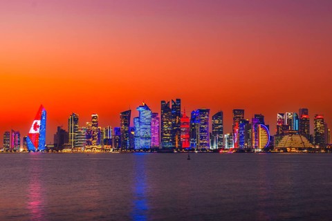 Doha, Qatar - january 8th, 2026: Doha skyline at night from the Corniche. Iconic illuminated