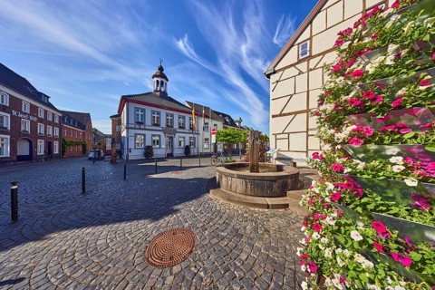 Town hall, historic building, half-timbered house, old town, historic town centre, fountain,