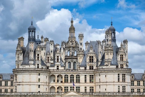 Southeast view, detailed view of the monumental Renaissance Château de Chambord castle with its