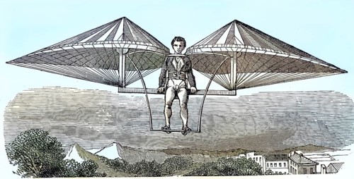 Jacob Degen with the ornithopter invented in 1807. The construction used human-operated wingbeats