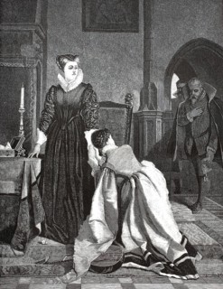 Execution order. Illustration of Queen Mary Stuart accepting her death sentence. The Scottish queen