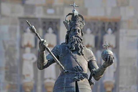 Monument to Charlemagne with orb, crown with cross and sceptre Holy Roman Empire, bronze sculpture,