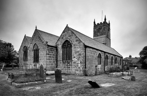 Tombstones, graves, cemetery, parish church, St Just in Penwith, Cornwall, black and white,