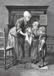 The family treasure chest, safe, woman shows the object to her children, illustration, reproduction