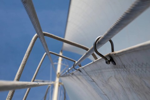 Canvas and steel ropes in a line from an unusual perspective, Aeolian or Aeolian Islands, Sicily,