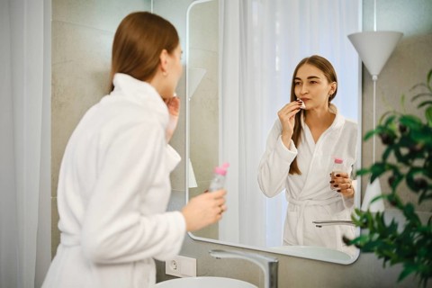 A woman stands in a bathroom wearing a white robe. She holds a small bottle in one hand and looks
