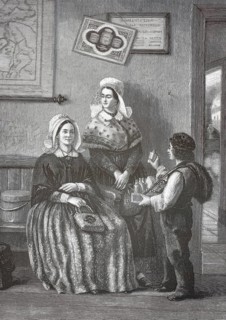 Women in traditional Victorian or regional dress of the 19th century, looking attentively at a