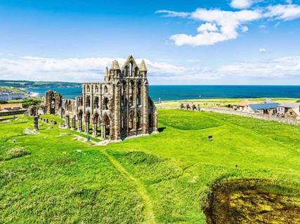Whitby Abbey over River Esk from a drone, North Yorkshire, England, United Kingdom