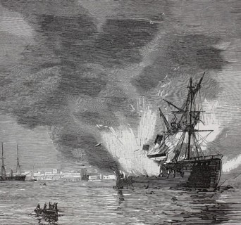 Burning Egyptian warship, Battle of Navarino, October 20, 1827. During this battle, an