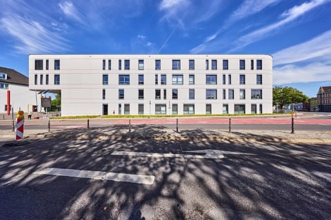 Town hall, modern architecture, commercial building, façade with windows, sidewalk, street, barrier