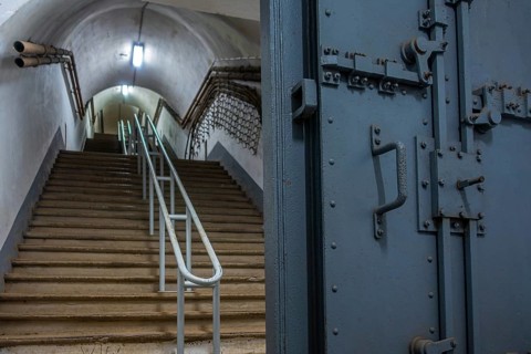 Heavy reinforced steel door inside Fort Eben-Emael, Belgian WW2 fortress neutralized by German