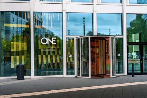 Office complex One with information boards for building users, Brüsseler Straße, Frankfurt am Main,