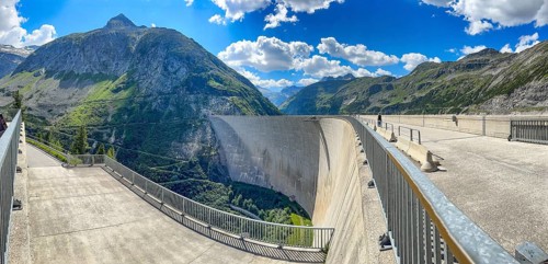 View of left footpath and roadway for company vehicles on 200 meter high Kölnbrein dam left air