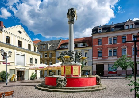 Altmarktbrunnen, Brunnen auf dem Altmarkt by artist Joachim Zehme, Oschatz, Saxony, Germany