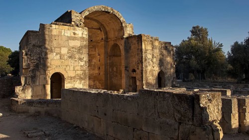 Titus Basilica, Greece, ancient buildings with arched structure and shade, Gortyn, Gortyna, Gortys,