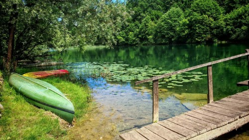 A lake with a jetty and water lilies, surrounded by green trees and kayaks on the shore, small
