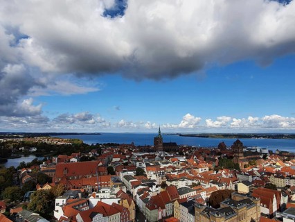 Panorama of a coastal town with red roofs and sea view, view of Szczecin, Poland