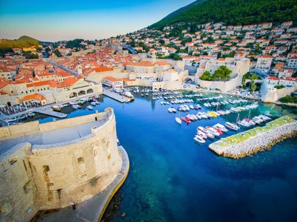 Dramatic aerial view down to historical Dubrovnik city. Croatia