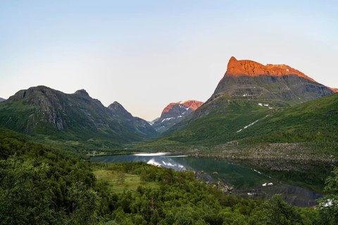 Innerdalen high valley with lake Innerdalsvatna, mountains with Innerdalstårnet peak, in the