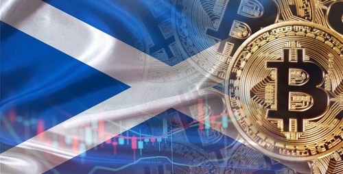 Bitcoin cryptocurrency with Scotland flag, Investors in cryptocurrency and Blockchain with Scottish