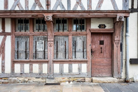 Detailed view of an old half-timbered building in the old town of Troyes, Aube department, Grand