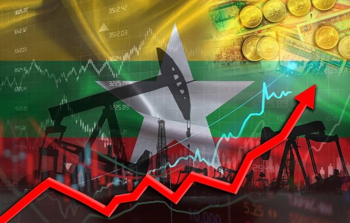 Oil production with Burmese flag, petrol industry. Oil pumps with Myanmar flag