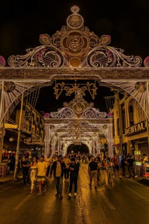 Large trains and luxurious street lighting in a pedestrian zone, night view, old city center,